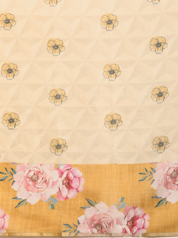 Beige Floral Digital Print Cotton Blend Saree with Blouse Piece