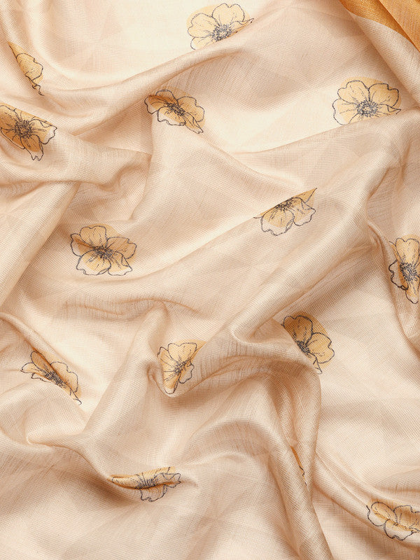 Beige Floral Digital Print Cotton Blend Saree with Blouse Piece