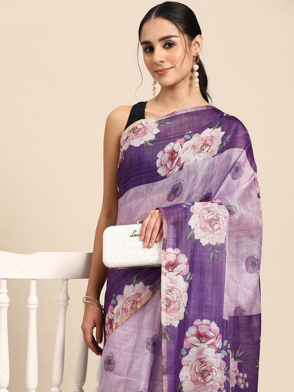 Lavender floral digital print saree in cotton blend fabric with matching blouse piece