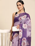 Lavender floral digital print saree in cotton blend fabric with matching blouse piece