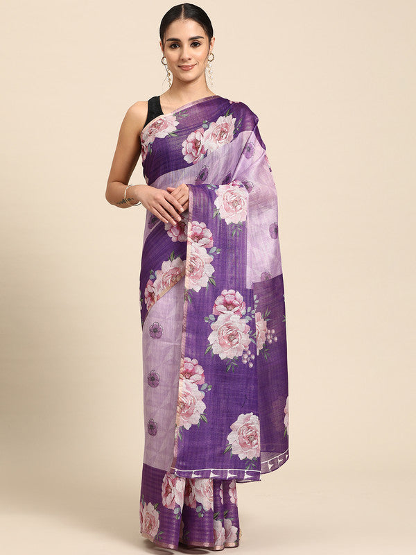 Lavender Floral Digital Print Cotton Blend Saree with Blouse Piece