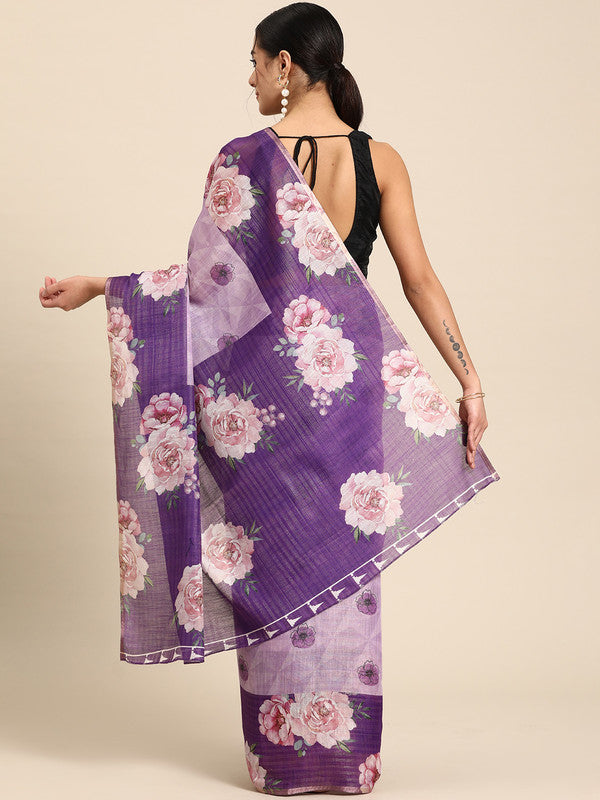 Lavender Floral Digital Print Cotton Blend Saree with Blouse Piece