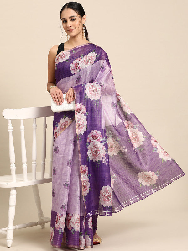 Lavender Floral Digital Print Cotton Blend Saree with Blouse Piece