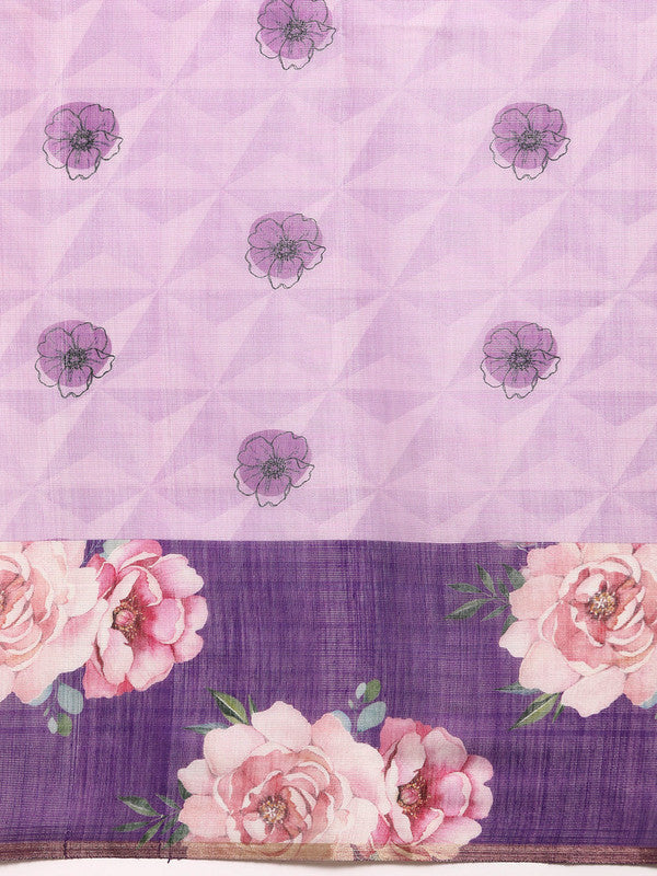 Lavender Floral Digital Print Cotton Blend Saree with Blouse Piece