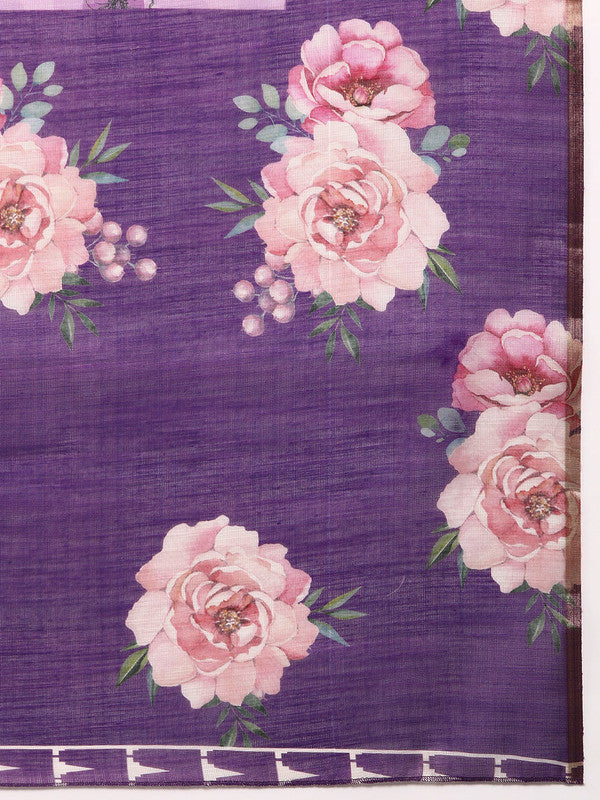 Lavender Floral Digital Print Cotton Blend Saree with Blouse Piece
