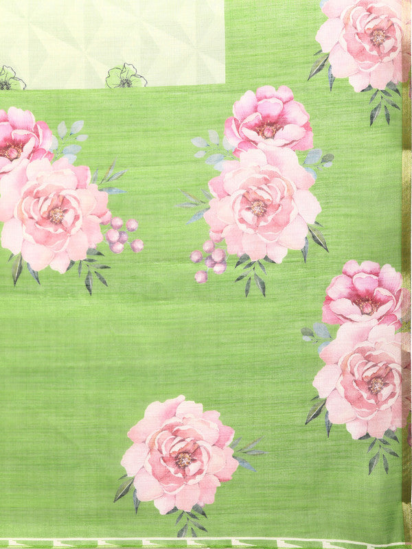 Olive Cotton Blend Digital Print Floral Saree with Unstitched Blouse - Hiral Fashion