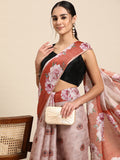Elegant peach cotton blend saree with digital floral print and matching unstitched blouse piece.