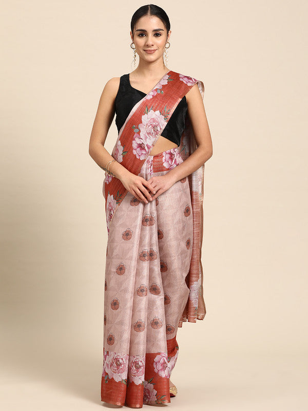Peach Floral Digital Print Cotton Blend Saree with Blouse Piece