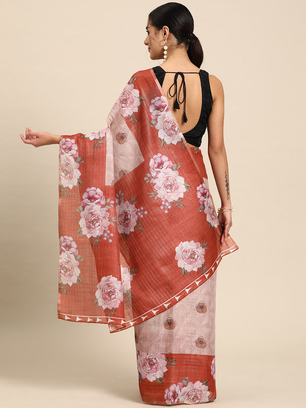Peach Floral Digital Print Cotton Blend Saree with Blouse Piece