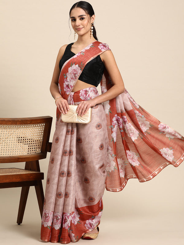 Peach Floral Digital Print Cotton Blend Saree with Blouse Piece