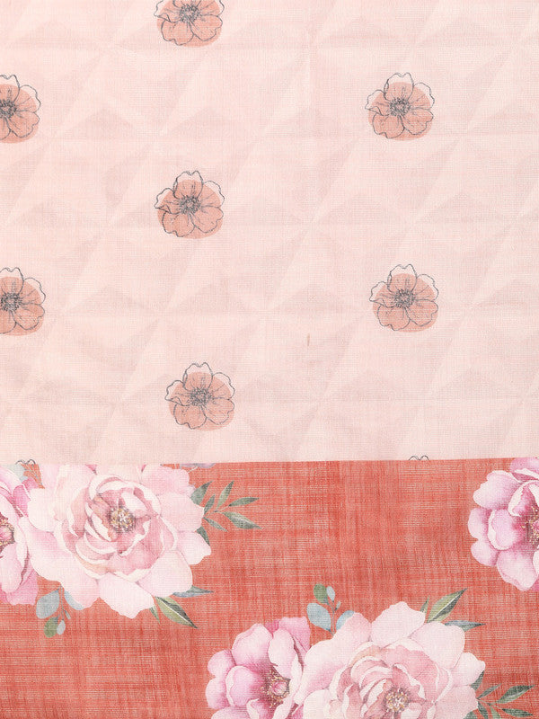 Peach Floral Digital Print Cotton Blend Saree with Blouse Piece