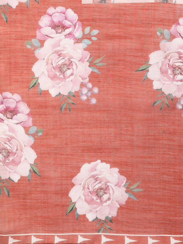 Peach Floral Digital Print Cotton Blend Saree with Blouse Piece