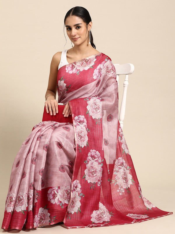 Pink Cotton Blend Digital Print Floral Saree with Unstitched Blouse - Hiral Fashion