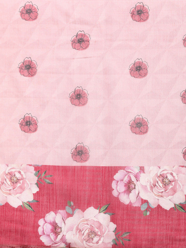 Pink Cotton Blend Digital Print Floral Saree with Unstitched Blouse - Hiral Fashion