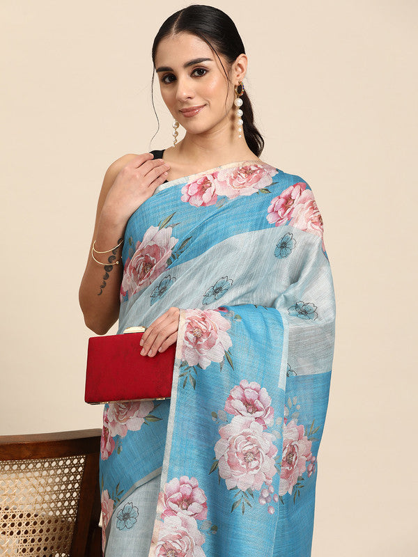 Turquoise cotton blend saree with colorful floral digital print and unstitched blouse piece