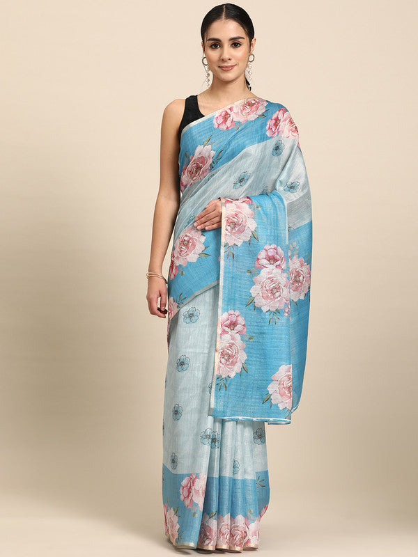 Turquoise Floral Digital Print Cotton Blend Saree with Blouse Piece