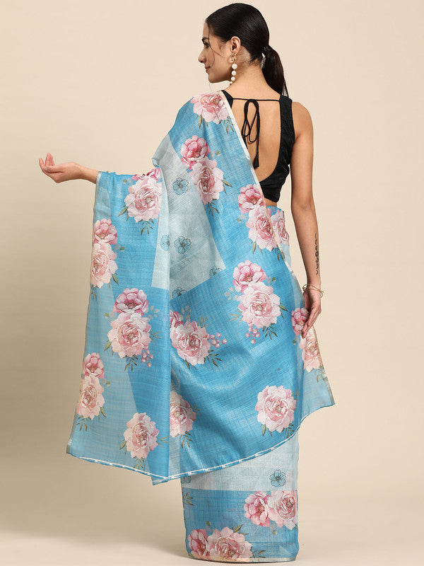 Turquoise Floral Digital Print Cotton Blend Saree with Blouse Piece