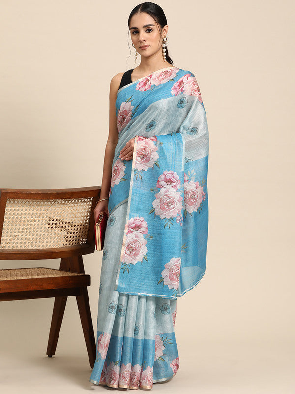 Turquoise Floral Digital Print Cotton Blend Saree with Blouse Piece