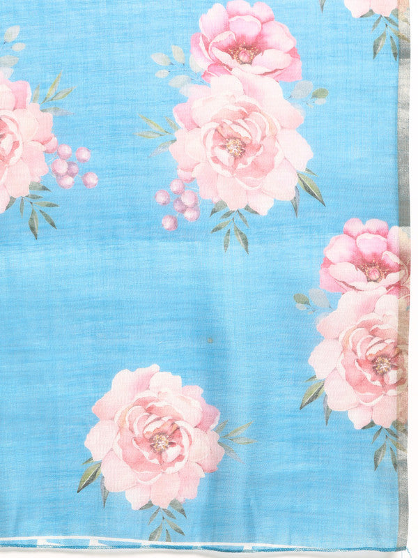 Turquoise Floral Digital Print Cotton Blend Saree with Blouse Piece
