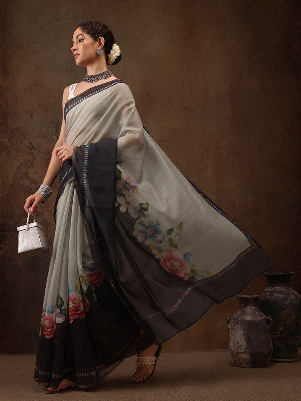Gray cotton blend saree with digital floral print and unstitched blouse piece