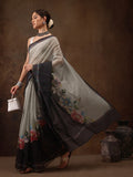 Gray cotton blend saree with digital floral print and unstitched blouse piece