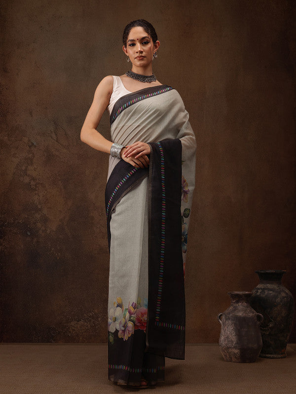 Gray Floral Digital Print Cotton Blend Saree with Unstitched Blouse