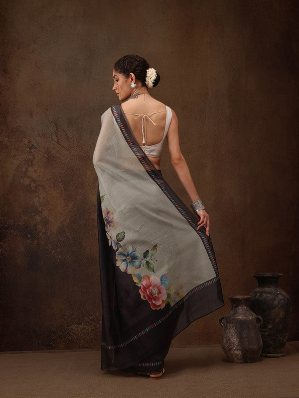 Gray Floral Digital Print Cotton Blend Saree with Unstitched Blouse