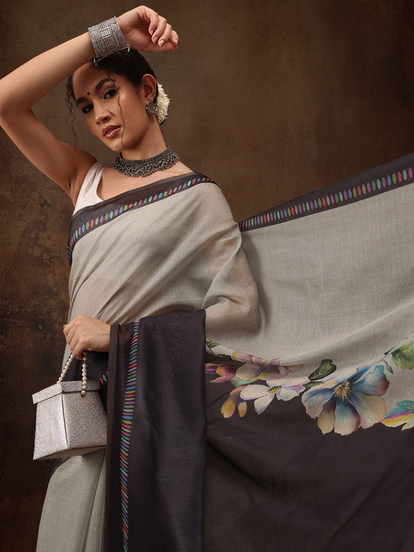 Gray Floral Digital Print Cotton Blend Saree with Unstitched Blouse