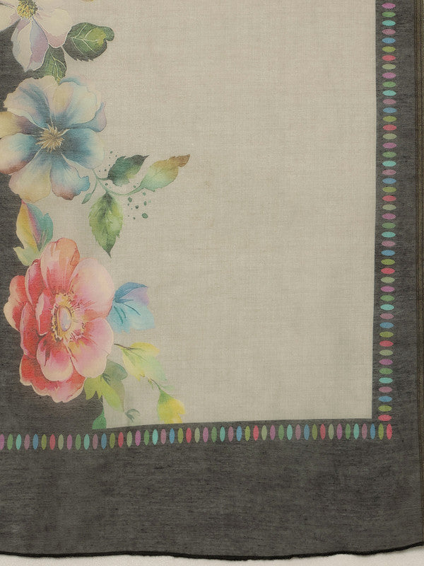 Gray Floral Digital Print Cotton Blend Saree with Unstitched Blouse