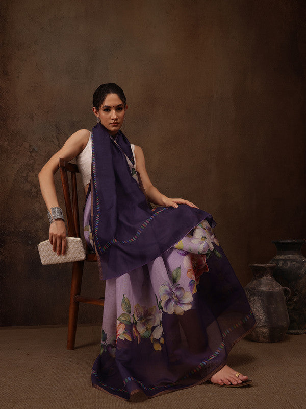 Lavender cotton blend saree with colorful digital floral print and unstitched blouse