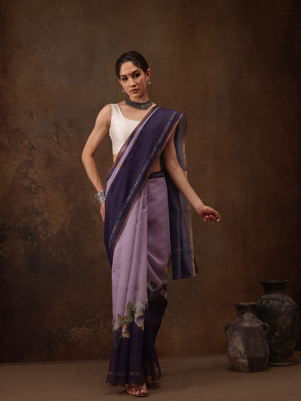 Lavender Cotton Blend Floral Digital Print Saree