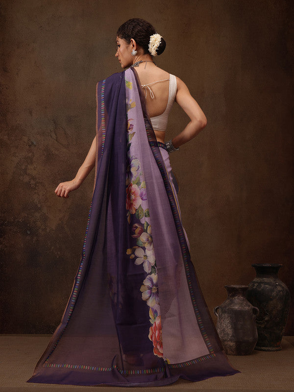 Lavender Cotton Blend Floral Digital Print Saree