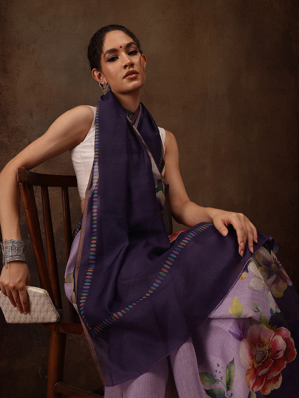 Lavender Cotton Blend Floral Digital Print Saree