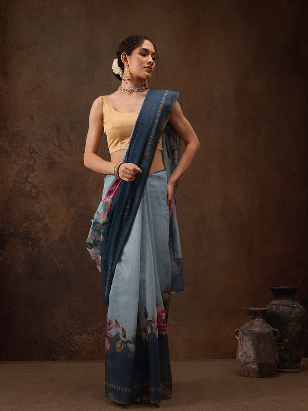 Turquoise Cotton Blend Digital Print Floral Saree with Unstitched Blouse - Hiral Fashion