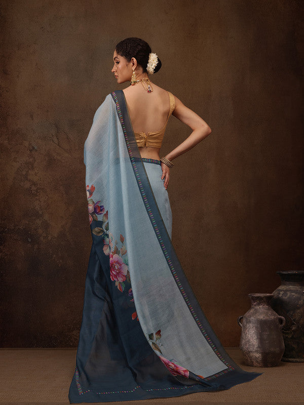 Turquoise Cotton Blend Digital Print Floral Saree with Unstitched Blouse - Hiral Fashion