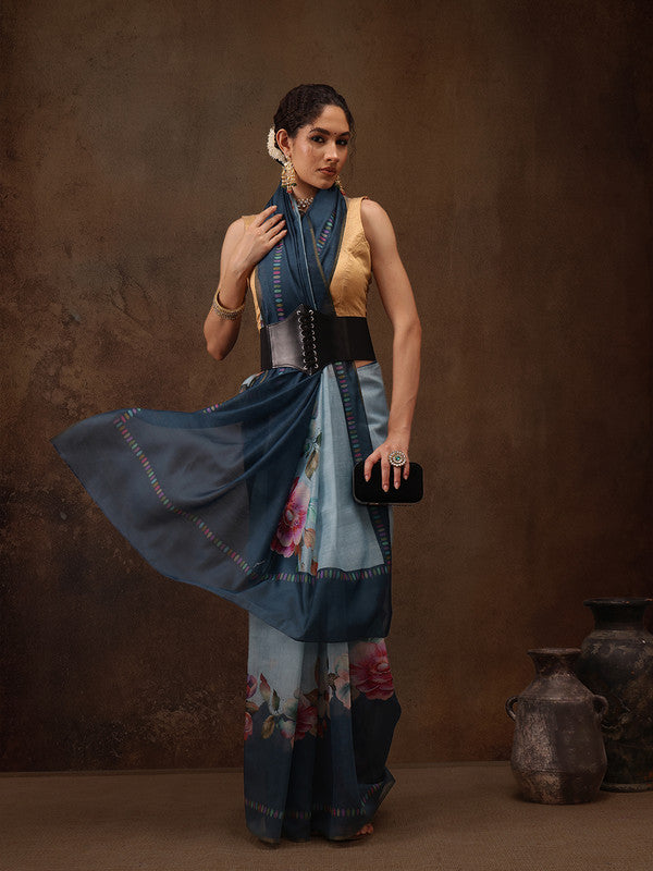 Turquoise Cotton Blend Digital Print Floral Saree with Unstitched Blouse - Hiral Fashion
