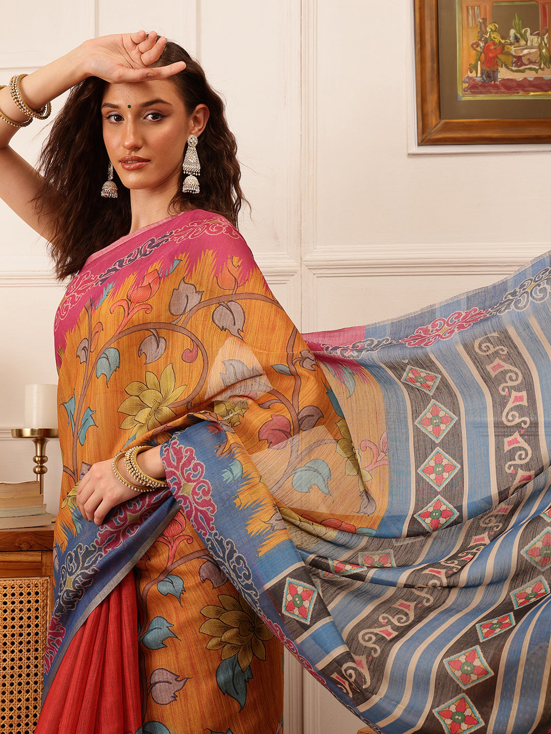 Mustard Banarasi Silk Cotton Floral Digital Print Saree