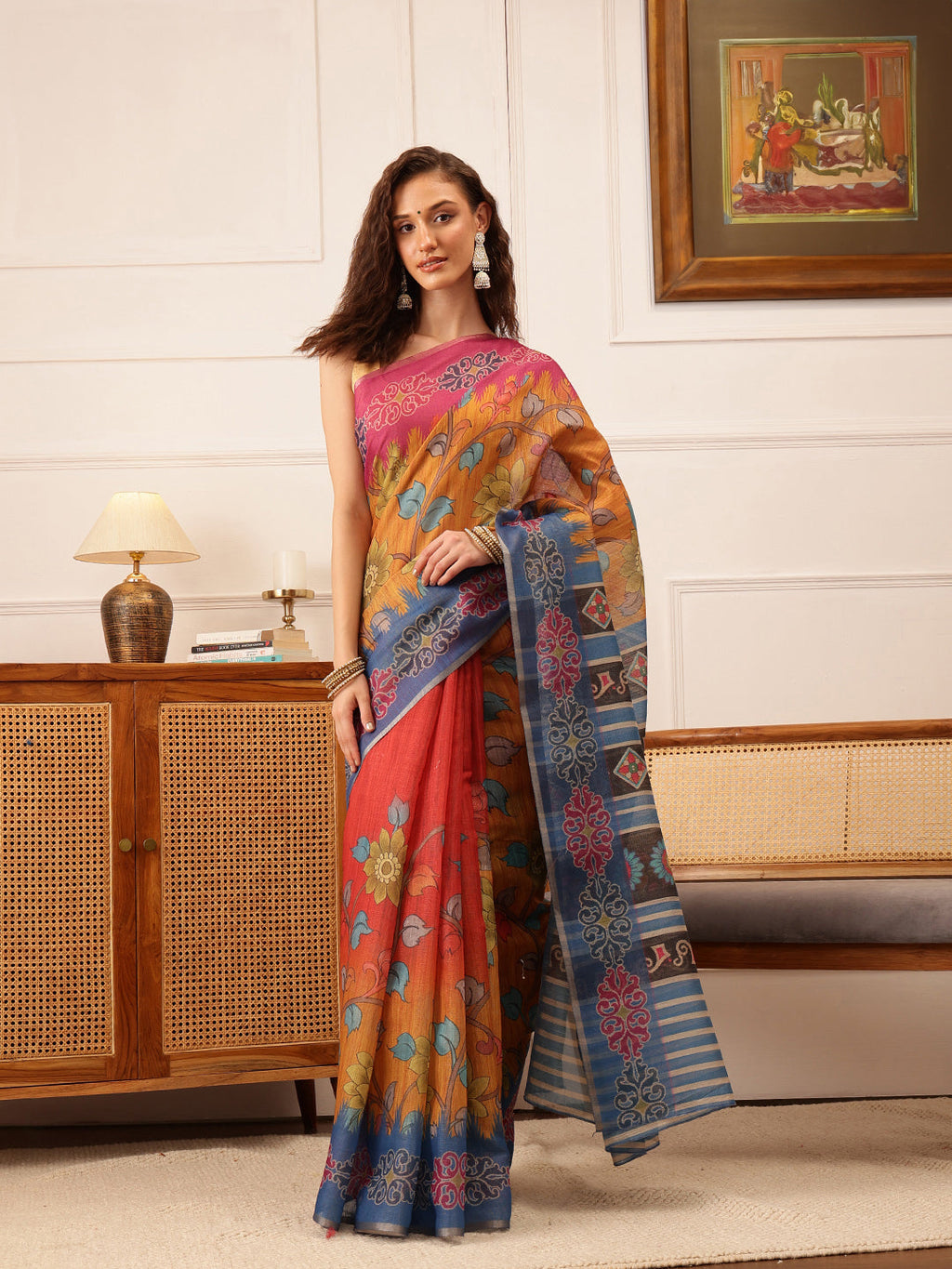 Mustard Banarasi Silk Cotton saree with floral digital print and elegant drape
