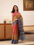 Mustard Banarasi Silk Cotton saree with floral digital print and elegant drape