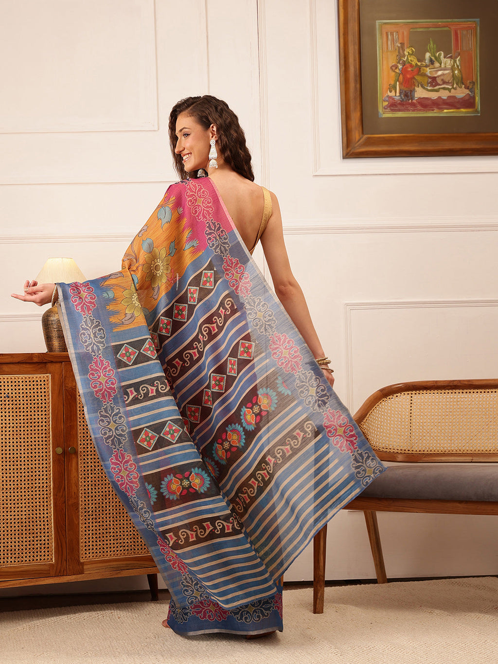 Mustard Banarasi Silk Cotton Floral Digital Print Saree