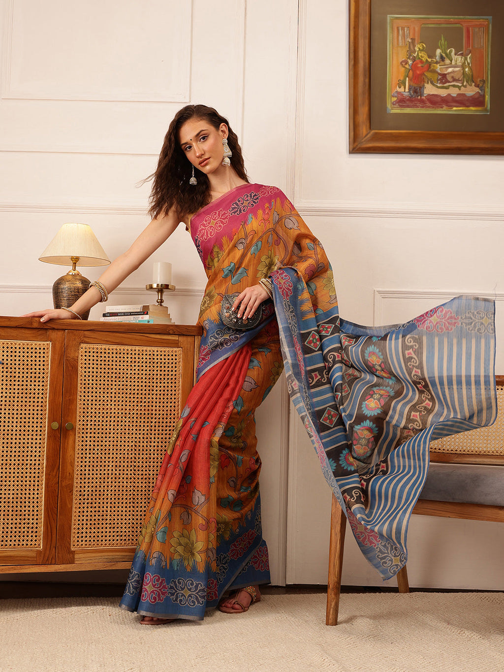 Mustard Banarasi Silk Cotton Floral Digital Print Saree
