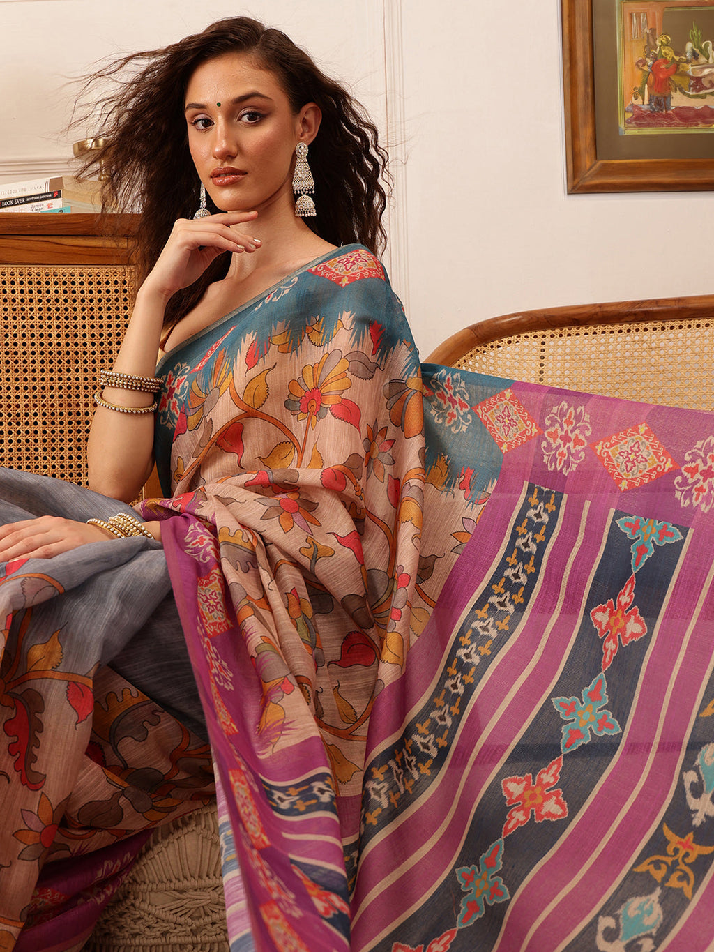 Purple Banarasi Silk Cotton Floral Digital Print Saree