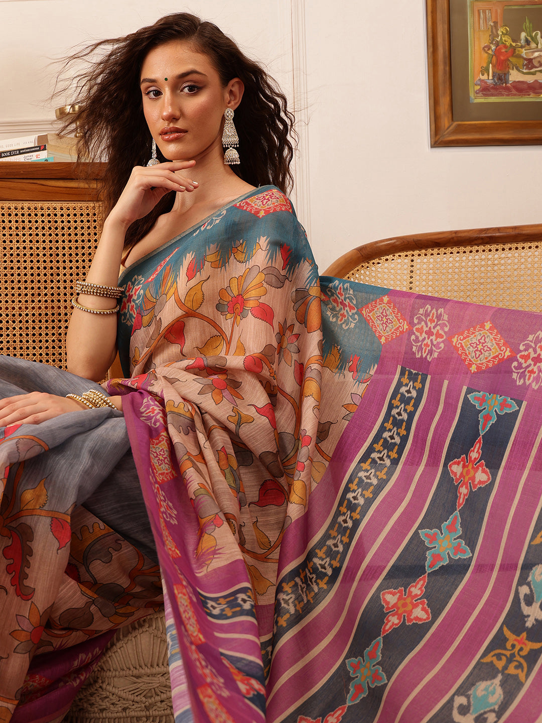 Purple Banarasi Silk Cotton Floral Digital Print Saree