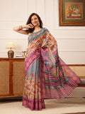 Royal purple Banarasi silk-cotton saree with artistic floral digital prints.