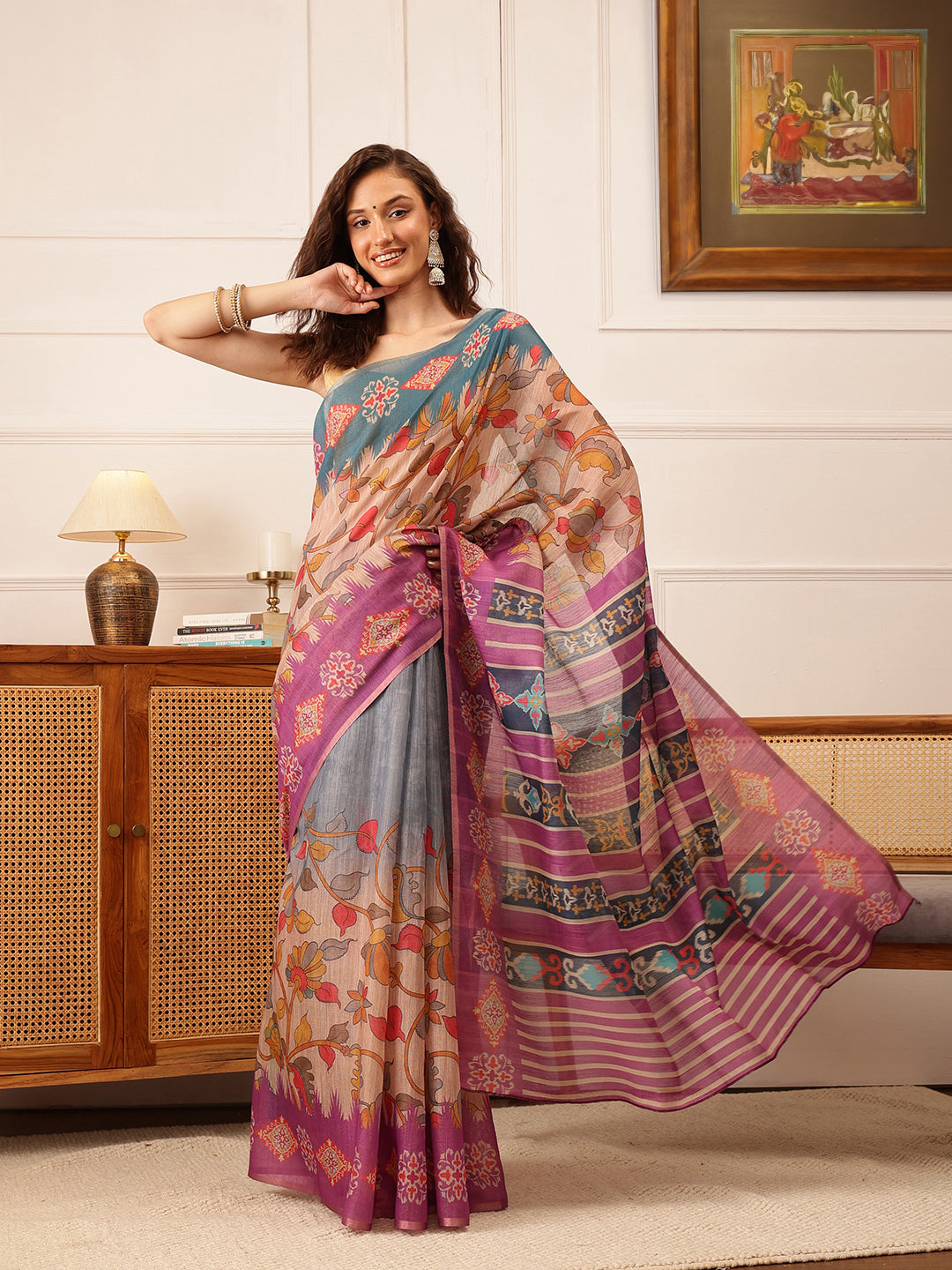 Royal purple Banarasi silk-cotton saree with artistic floral digital prints.