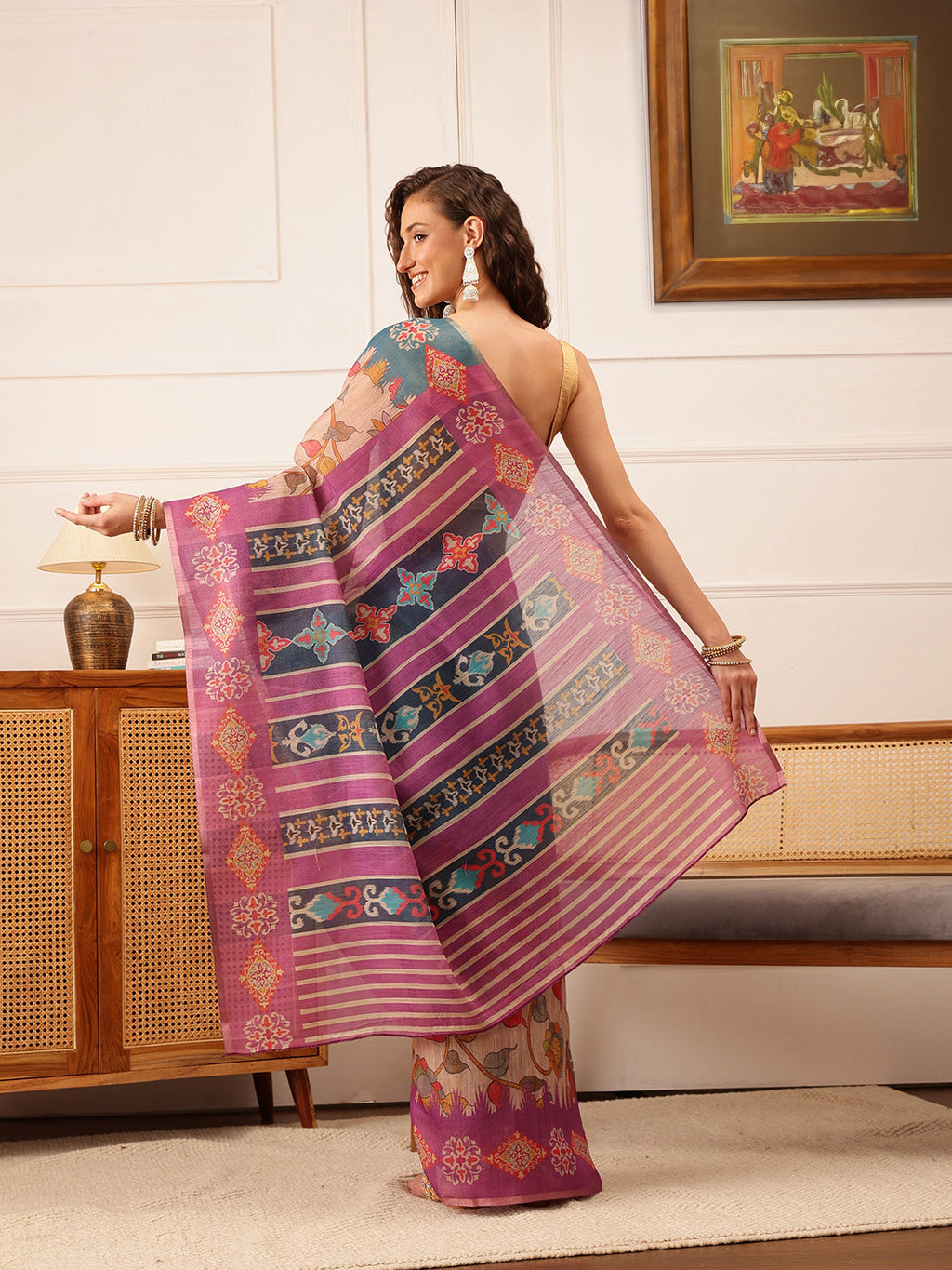Purple Banarasi Silk Cotton Floral Digital Print Saree