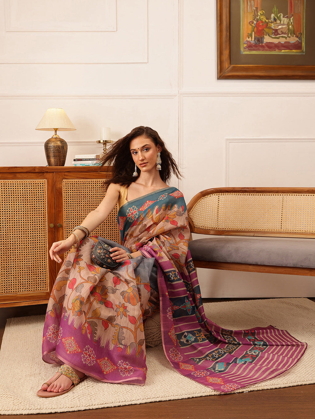 Purple Banarasi Silk Cotton Floral Digital Print Saree