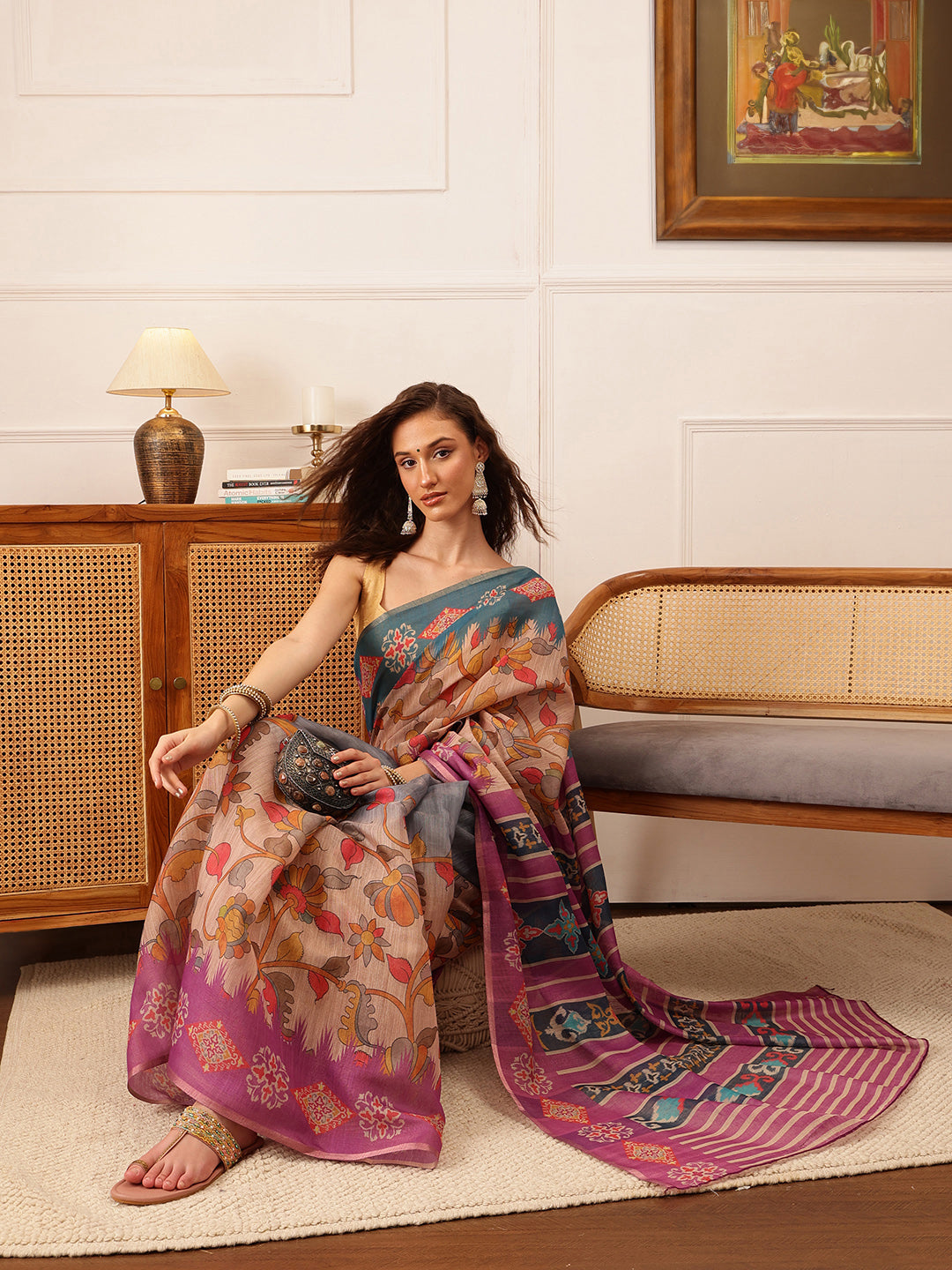 Purple Banarasi Silk Cotton Floral Digital Print Saree