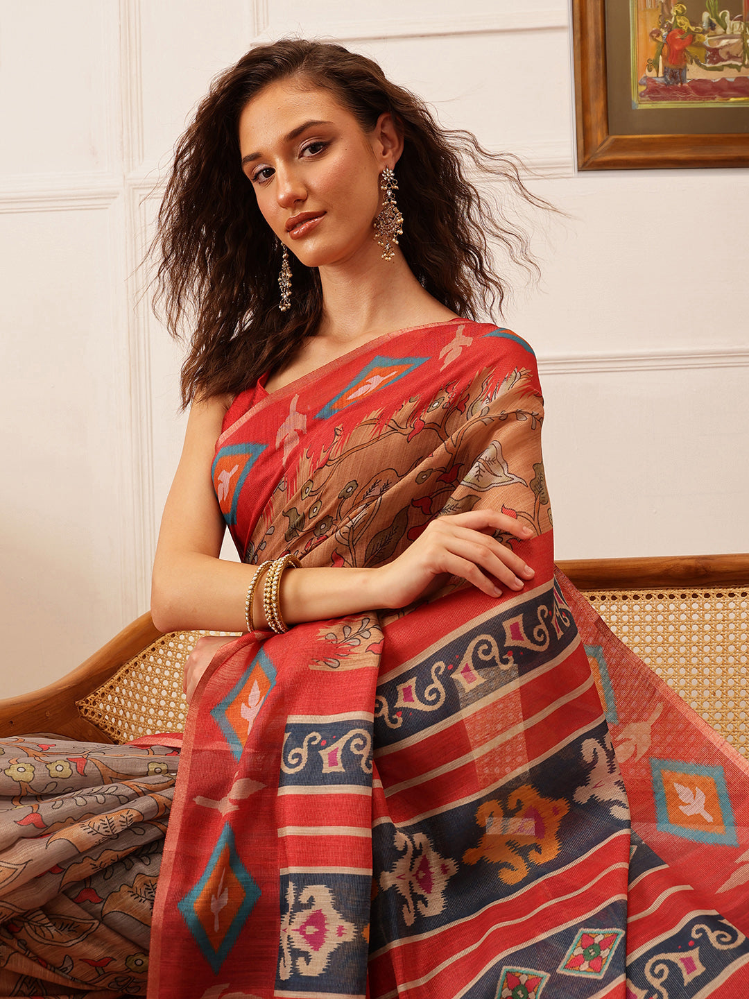 Red Banarasi Silk Cotton Saree with Vibrant Floral Digital Print