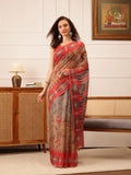 Red Banarasi Silk Cotton Saree with modern floral digital print